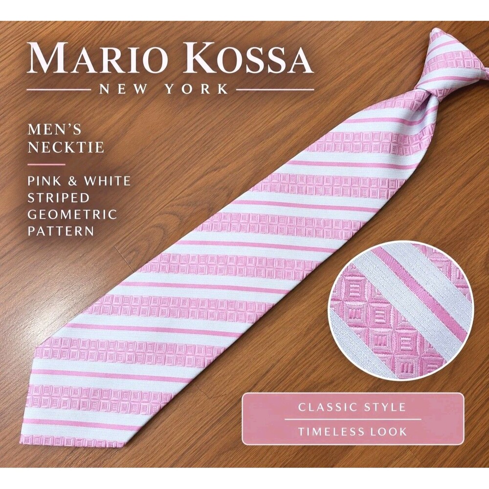 Mario Kossa New York Men's Necktie Pink White Striped Geometric Pattern